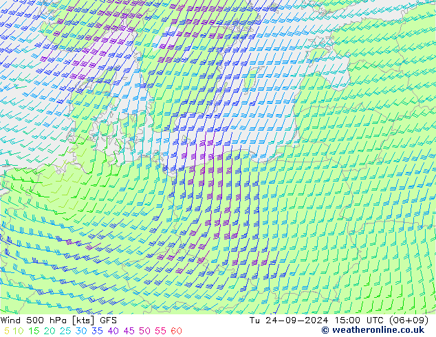 Wind 500 hPa GFS Út 24.09.2024 15 UTC