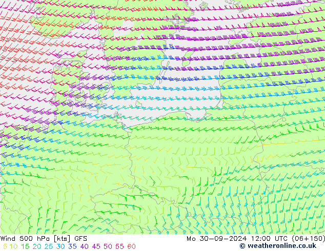 wiatr 500 hPa GFS pon. 30.09.2024 12 UTC