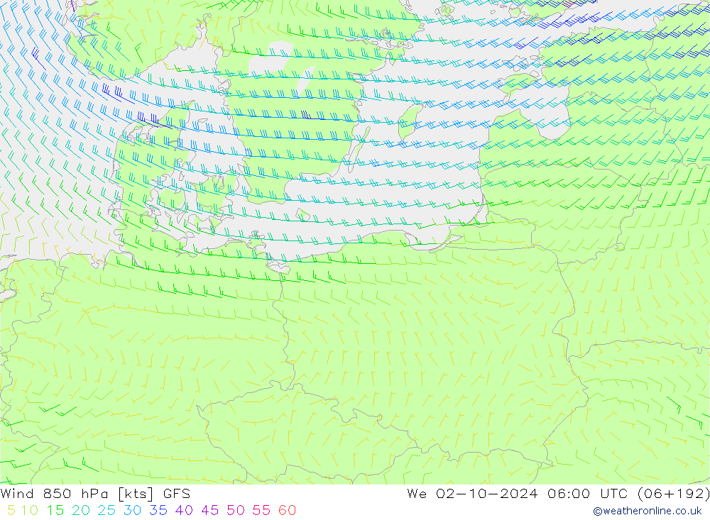 Vent 850 hPa GFS mer 02.10.2024 06 UTC