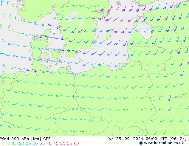 Wind 900 hPa GFS Mi 25.09.2024 06 UTC