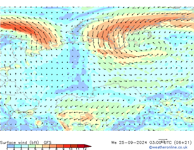 Vento 10 m (bft) GFS Qua 25.09.2024 03 UTC