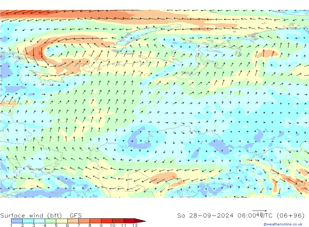 Vento 10 m (bft) GFS sab 28.09.2024 06 UTC