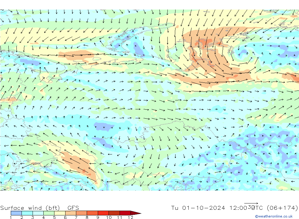 Vento 10 m (bft) GFS mar 01.10.2024 12 UTC