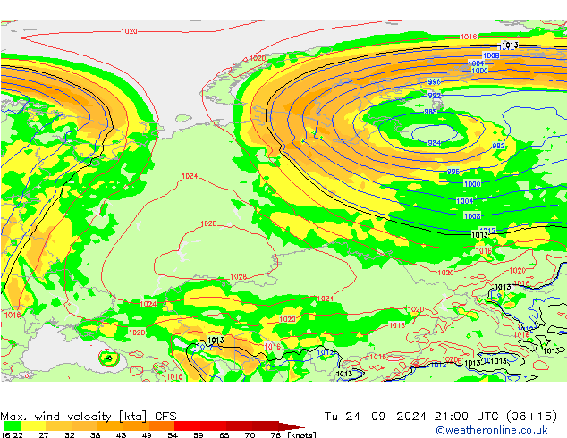 Max. wind velocity GFS Út 24.09.2024 21 UTC