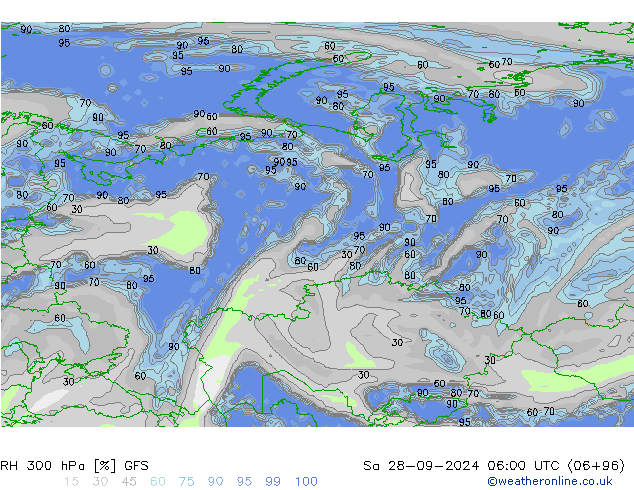 RH 300 hPa GFS Sa 28.09.2024 06 UTC