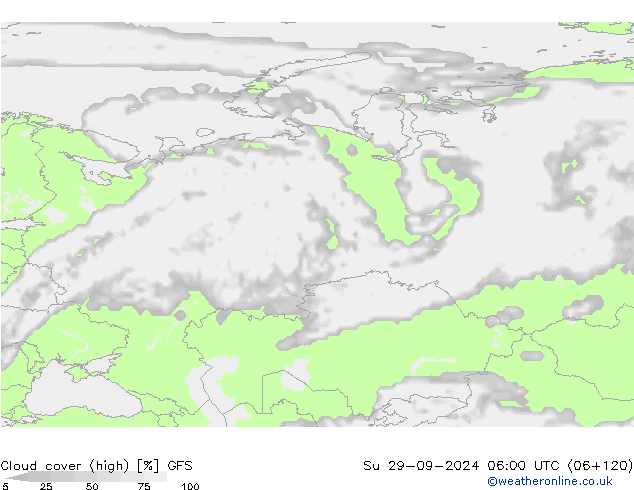 Cloud cover (high) GFS Su 29.09.2024 06 UTC