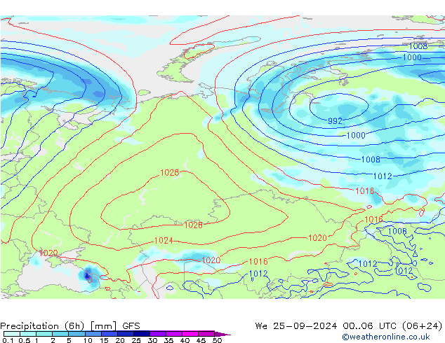 Precipitation (6h) GFS We 25.09.2024 06 UTC