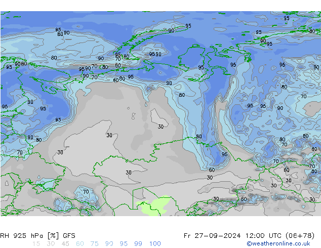 RH 925 гПа GFS пт 27.09.2024 12 UTC