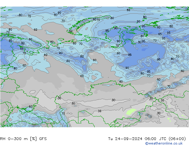 RH 0-300 m GFS Tu 24.09.2024 06 UTC