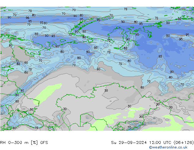 Humedad rel. 0-300m GFS dom 29.09.2024 12 UTC