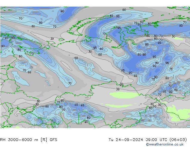 RH 3000-6000 m GFS Tu 24.09.2024 09 UTC