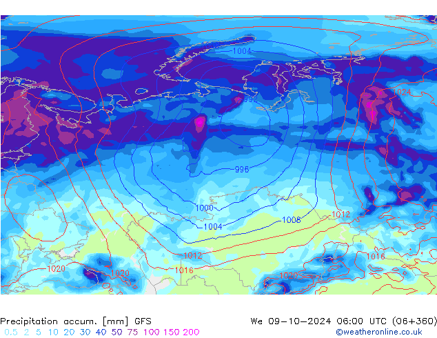 Precipitation accum. GFS We 09.10.2024 06 UTC