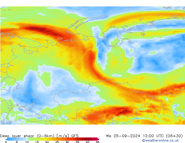 Deep layer shear (0-6km) GFS We 25.09.2024 12 UTC