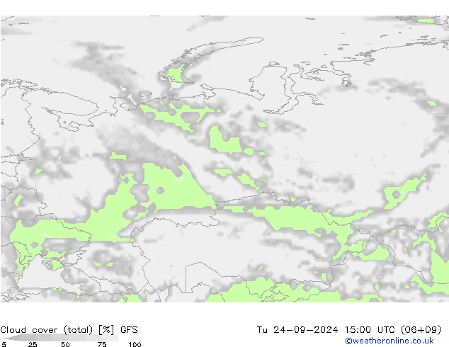 Cloud cover (total) GFS Út 24.09.2024 15 UTC