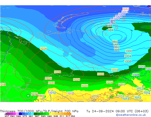 Dikte700-1000 hPa GFS di 24.09.2024 09 UTC