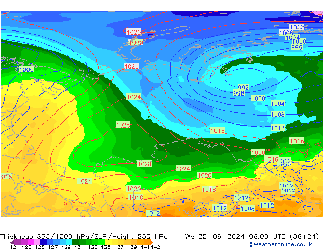 Espesor 850-1000 hPa GFS mié 25.09.2024 06 UTC