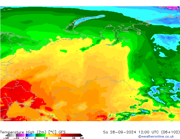 Max. Temperatura (2m) GFS so. 28.09.2024 12 UTC