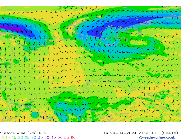 Surface wind GFS Út 24.09.2024 21 UTC