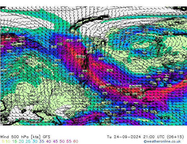 Wind 500 hPa GFS Út 24.09.2024 21 UTC