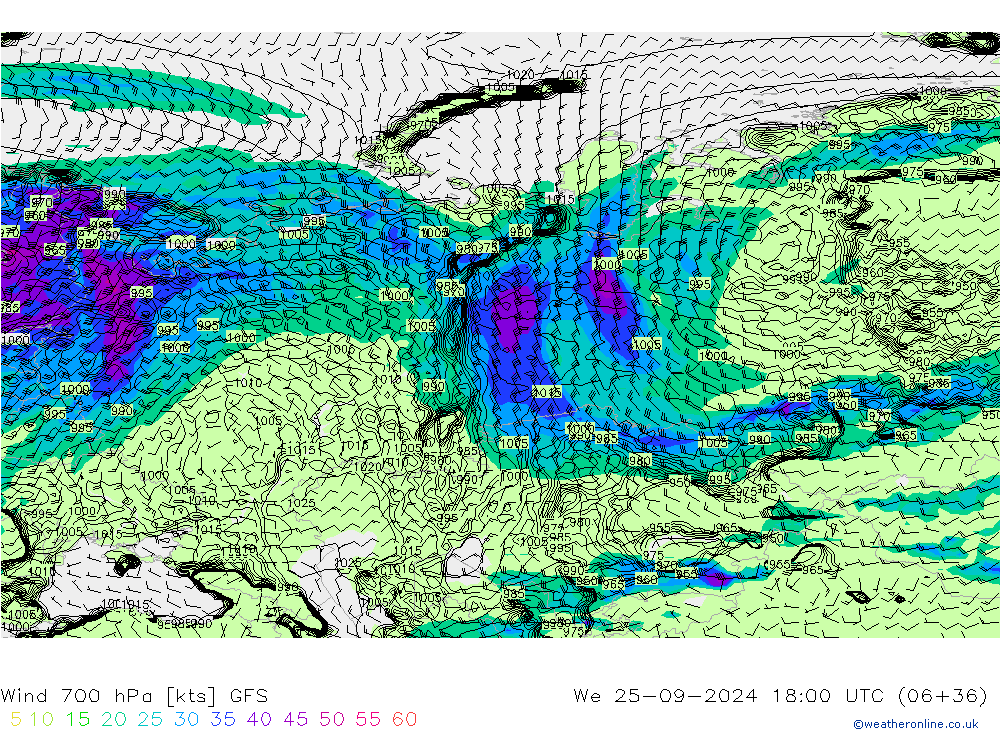 Vento 700 hPa GFS mer 25.09.2024 18 UTC