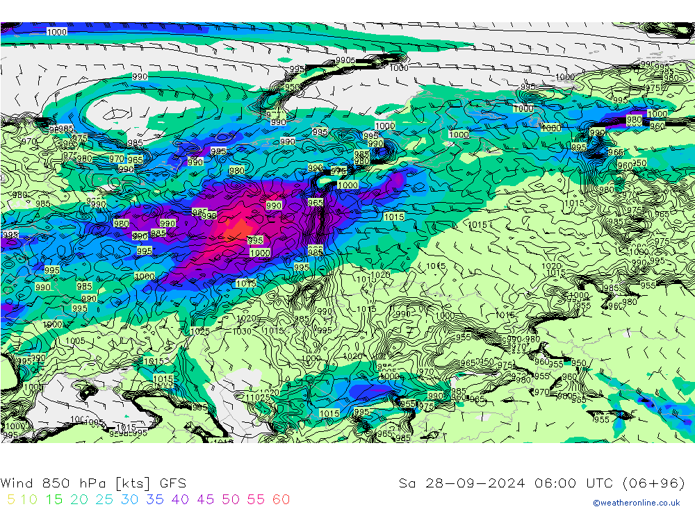 Wind 850 hPa GFS za 28.09.2024 06 UTC