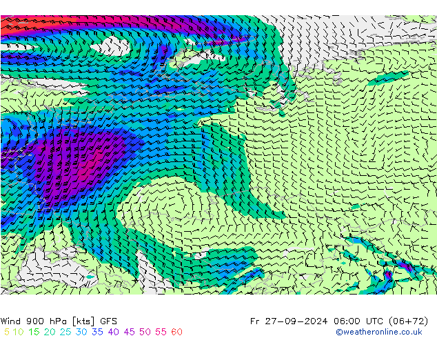 Wind 900 hPa GFS Fr 27.09.2024 06 UTC