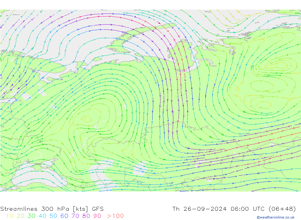 Streamlines 300 hPa GFS Th 26.09.2024 06 UTC