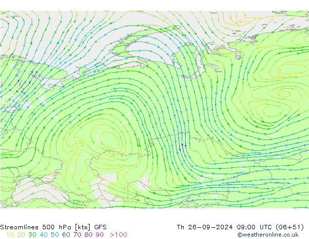 Stromlinien 500 hPa GFS Do 26.09.2024 09 UTC