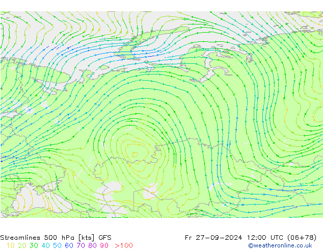 Linia prądu 500 hPa GFS pt. 27.09.2024 12 UTC