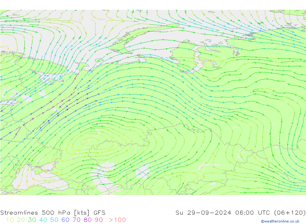 Línea de corriente 500 hPa GFS dom 29.09.2024 06 UTC