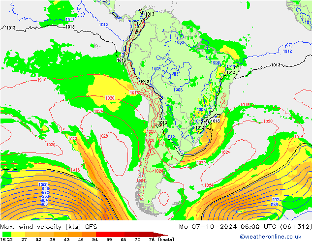 Max. wind velocity GFS lun 07.10.2024 06 UTC