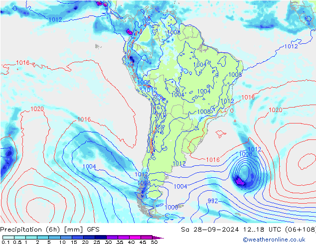 Precipitation (6h) GFS Sa 28.09.2024 18 UTC