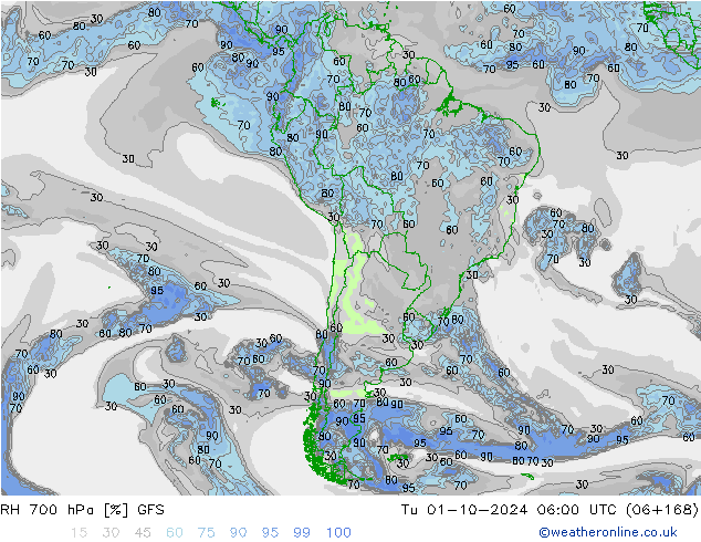 RH 700 hPa GFS Tu 01.10.2024 06 UTC