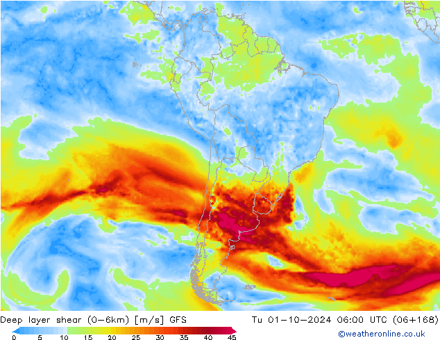 Deep layer shear (0-6km) GFS Tu 01.10.2024 06 UTC