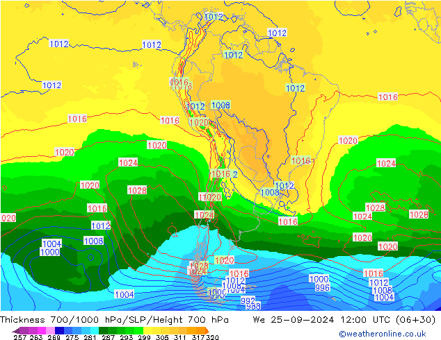 Thck 700-1000 hPa GFS  25.09.2024 12 UTC