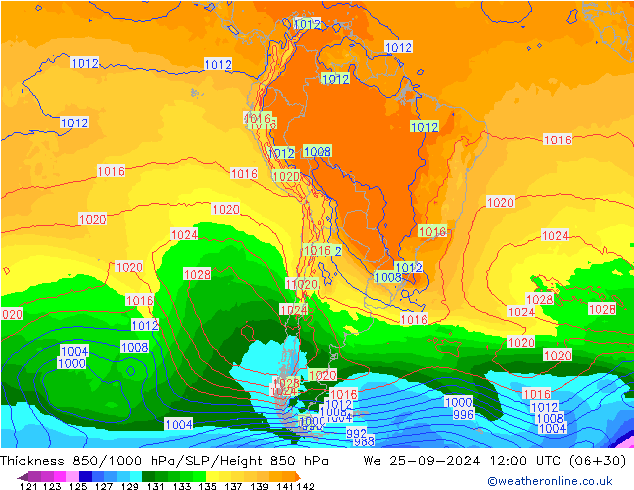 Thck 850-1000 hPa GFS St 25.09.2024 12 UTC