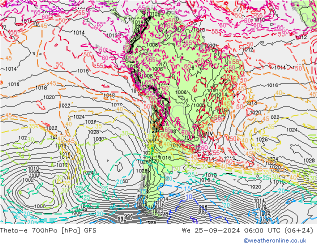 Theta-e 700hPa GFS We 25.09.2024 06 UTC