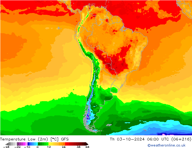 Temperature Low (2m) GFS Th 03.10.2024 06 UTC