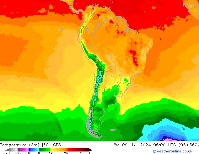 Temperatuurkaart (2m) GFS wo 09.10.2024 06 UTC