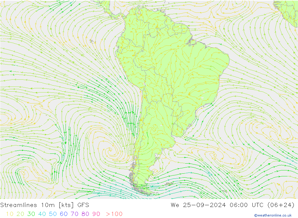 Streamlines 10m GFS We 25.09.2024 06 UTC