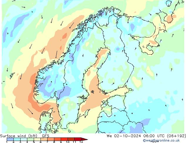 Viento 10 m (bft) GFS mié 02.10.2024 06 UTC