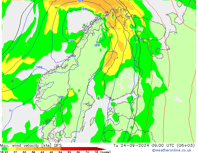 Max. wind velocity GFS Tu 24.09.2024 09 UTC