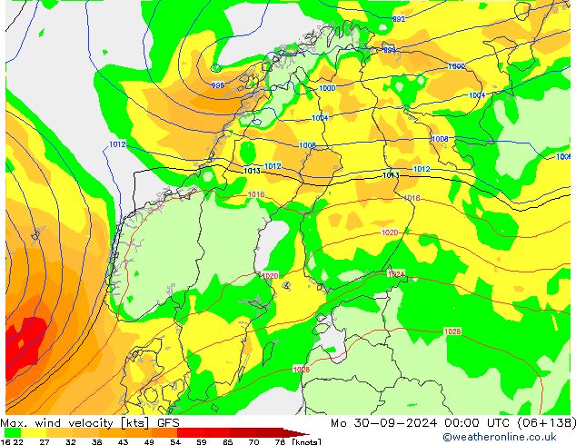 Max. wind velocity GFS pon. 30.09.2024 00 UTC