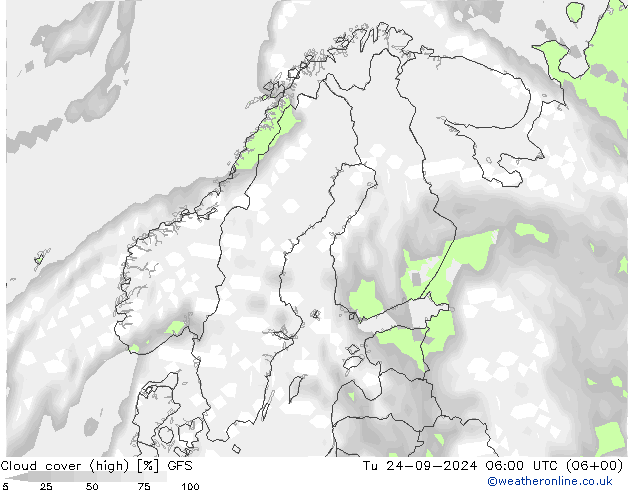 Cloud cover (high) GFS Tu 24.09.2024 06 UTC