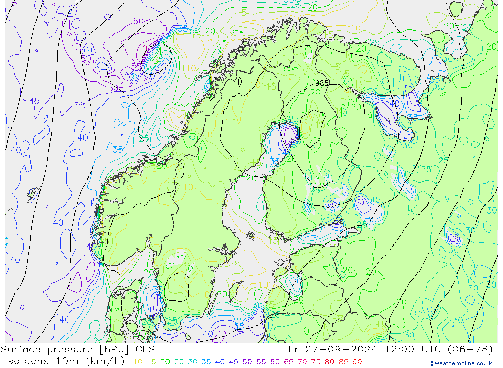 Isotachs (kph) GFS пт 27.09.2024 12 UTC