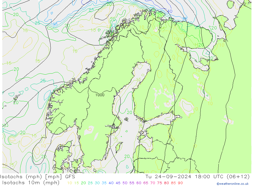 Isotachs (mph) GFS Út 24.09.2024 18 UTC