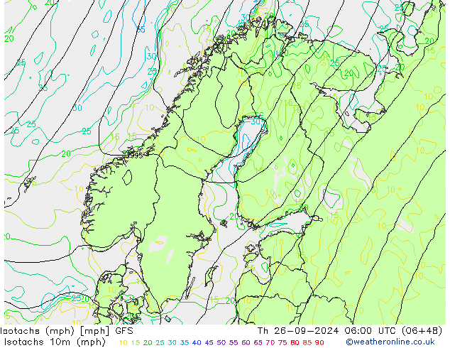 Isotachs (mph) GFS  26.09.2024 06 UTC