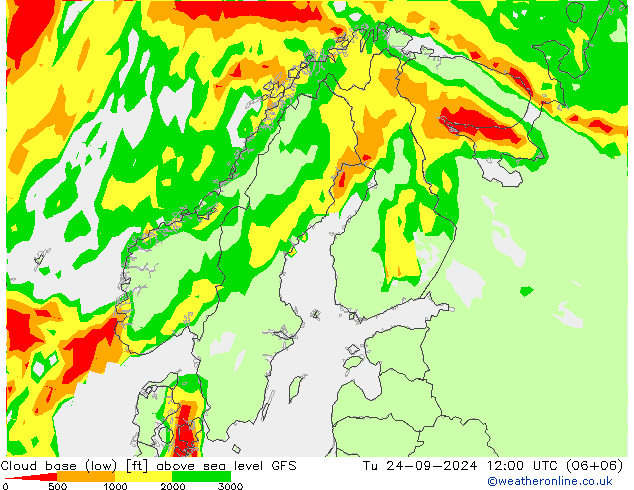 Cloud base (low) GFS Tu 24.09.2024 12 UTC