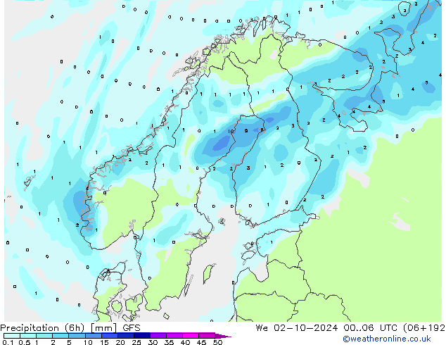 Z500/Rain (+SLP)/Z850 GFS We 02.10.2024 06 UTC