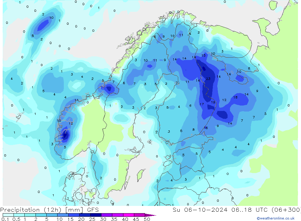 Precipitation (12h) GFS Su 06.10.2024 18 UTC